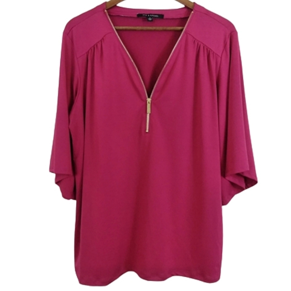 Zac & Rachel Sangria Pink Red Shirt Gold Zipper Front Career Blouse Top NWT